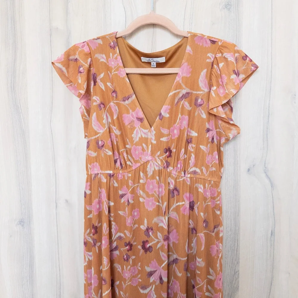 Le Serein Floral Midi Dress S Orange Floral Flutter Sleeve Tiered Romantic Boho